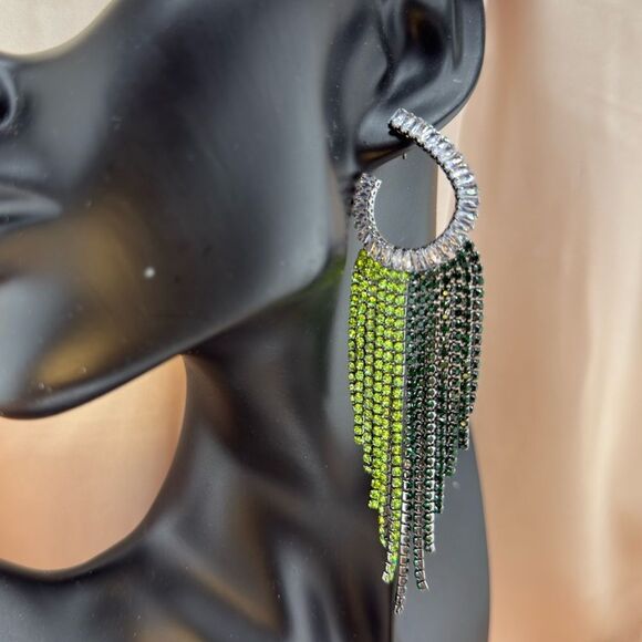 Glam Green & Black Crystal Fringe Earrings — Luxe Statement Jewelry - Picture 9 of 11